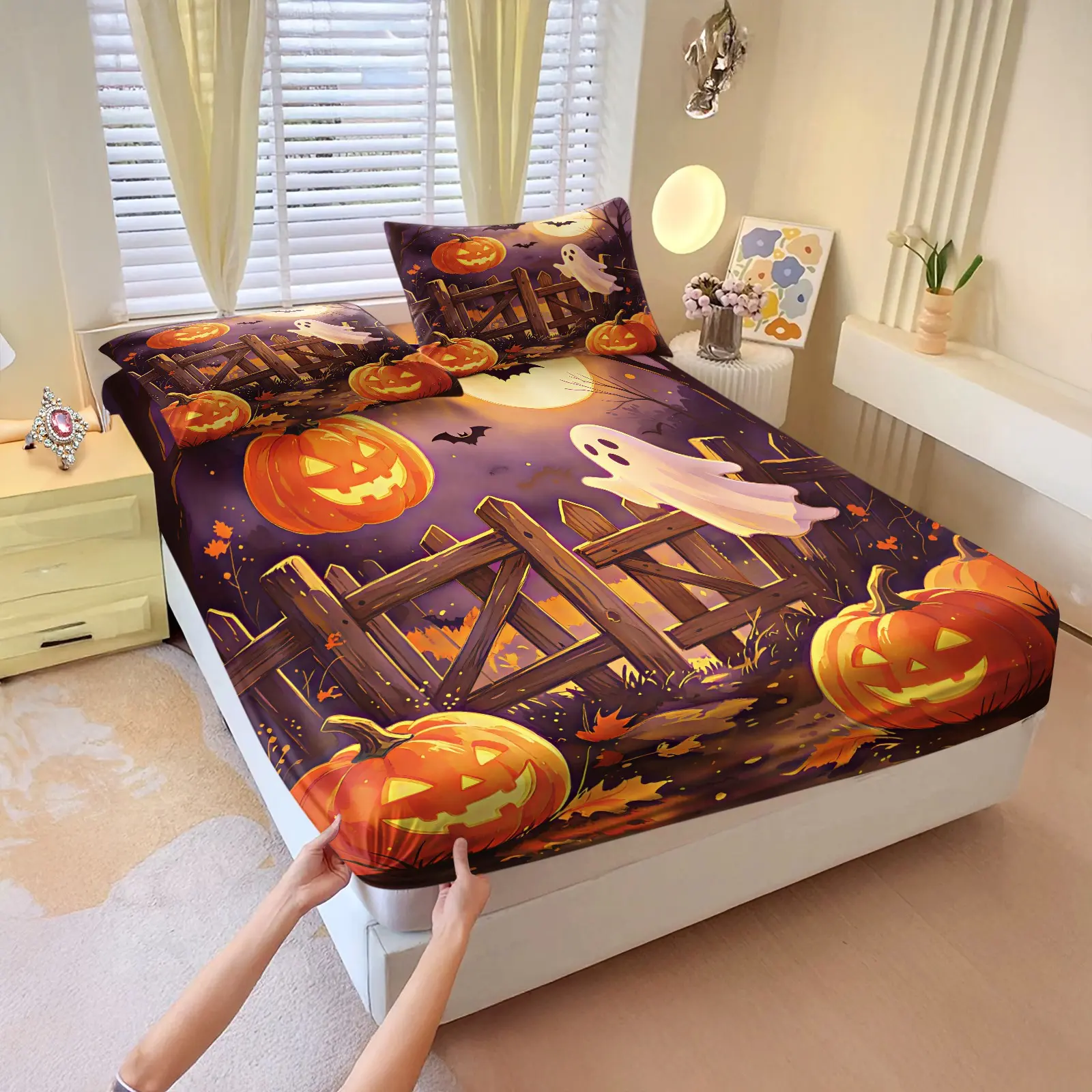 3Pcs Wooden Fence Night Pumpkin Bat Ghost Watercolor Print Fitted Sheet Set, Soft Dark Hand Drawn Mattress Cover For Gentle Halloween Style Young Girls Bedroom