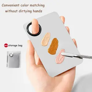 2-piece stainless steel foundation make-up color mixing plate set with ring beauty mixing plate+antiskid double head knife adjusting makeup artist liquid foundation concealer cream color mixing nail pattern color mixing tool