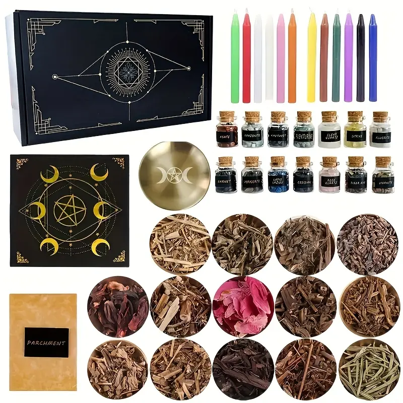 Handmade Chakra Balance Witchcraft Kit, 54Pcs Herbal Dried Herbs & Natural Crystal Spell Supplies, Complete Witch Starter Set for Beginners, Safe Exquisite Packaging, Spiritual Meditation Ritual Gift Movable Skeleton Action Figure animal desk