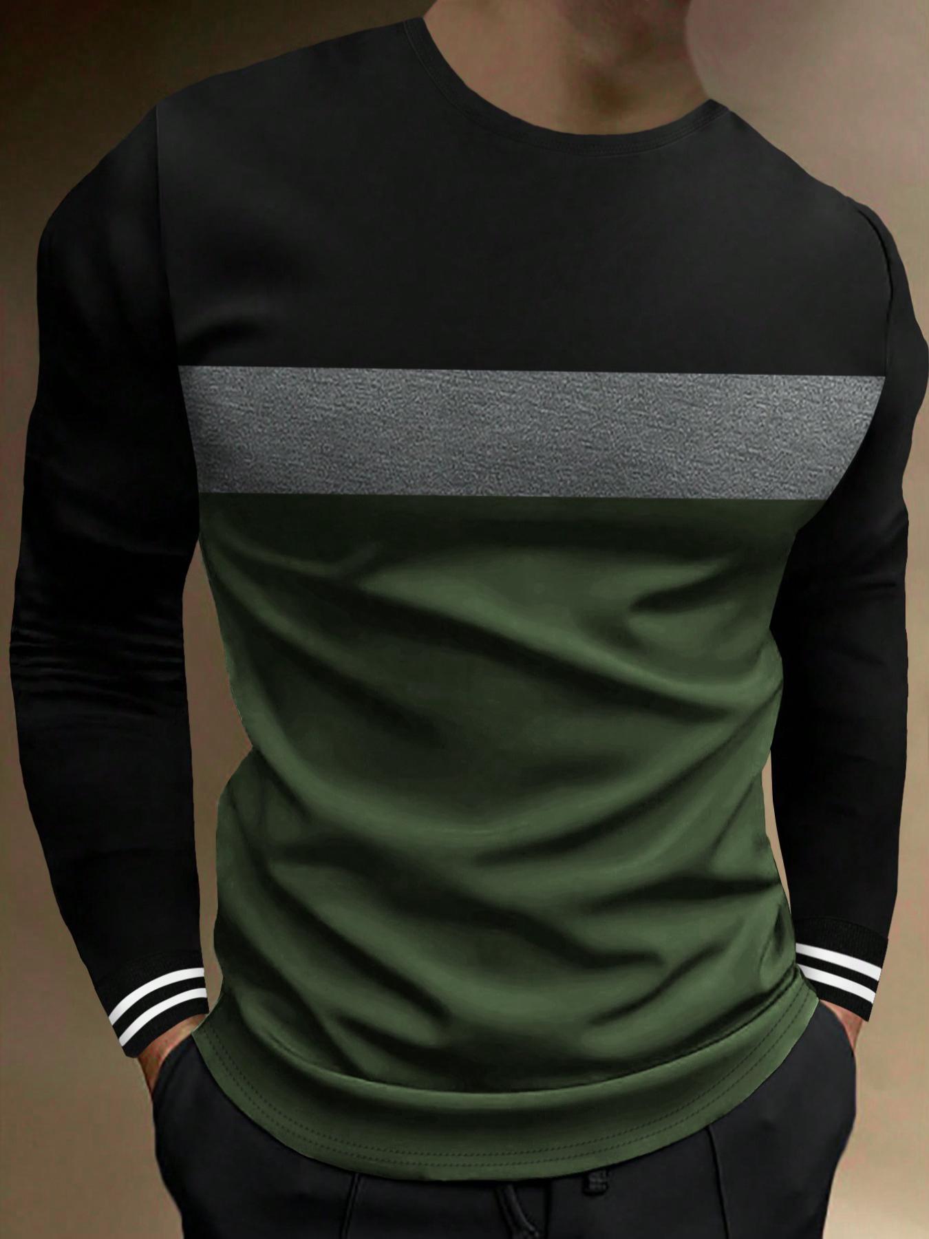 Men's Colorblock Striped Print Round Neck Tee, Casual Long Sleeve Crew Neck Jersey T-Shirt for Spring & Fall, Fashion Men's Fitted Regular Fit Top for Daily Wear