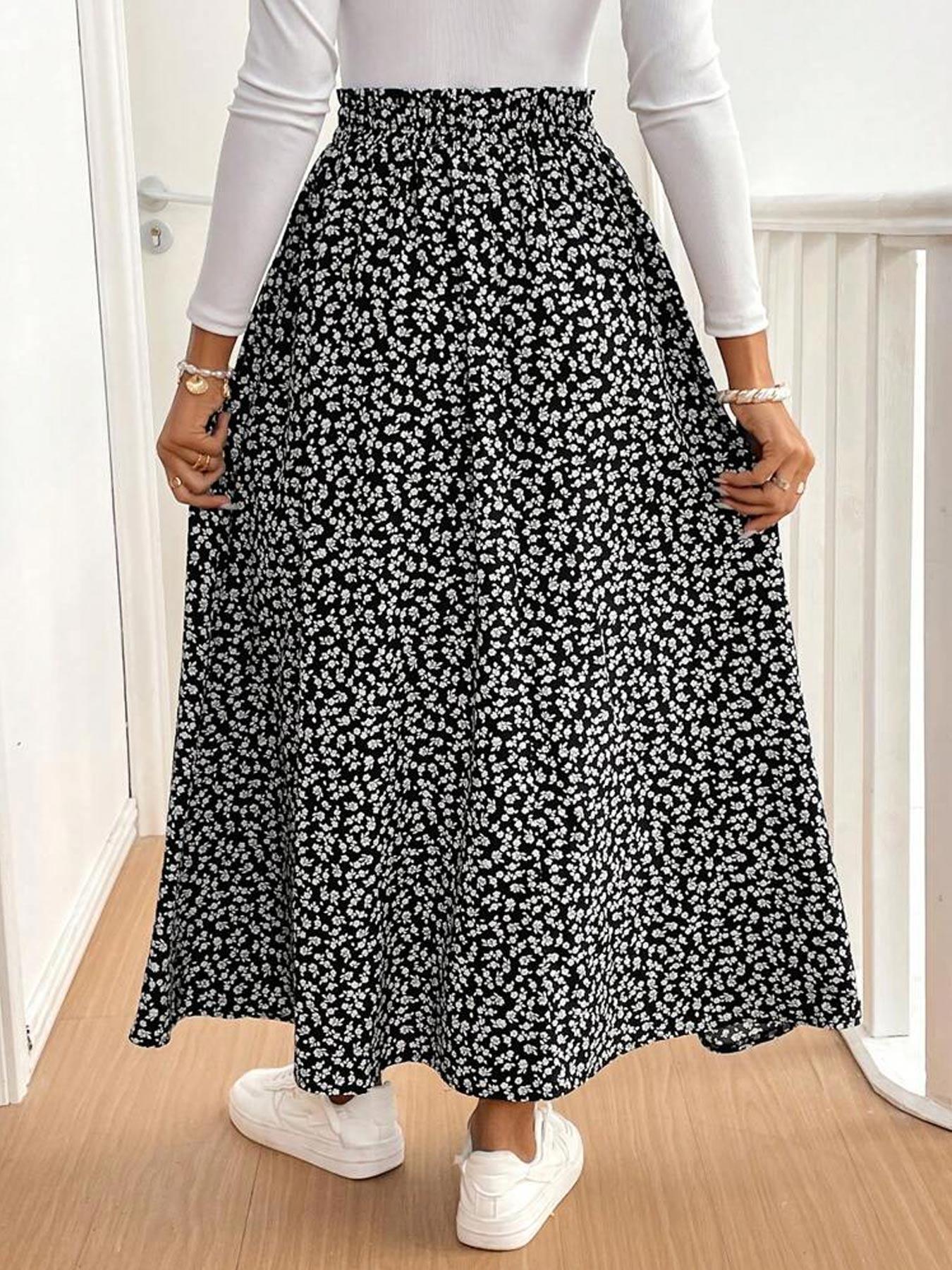 [Plus Size] Ditsy Floral Print Long Skirt, Boho Fashion Casual A Line Skirt for Daily Holiday Vacation Wear, Women Plus Clothing for All Seasons, Womenswear