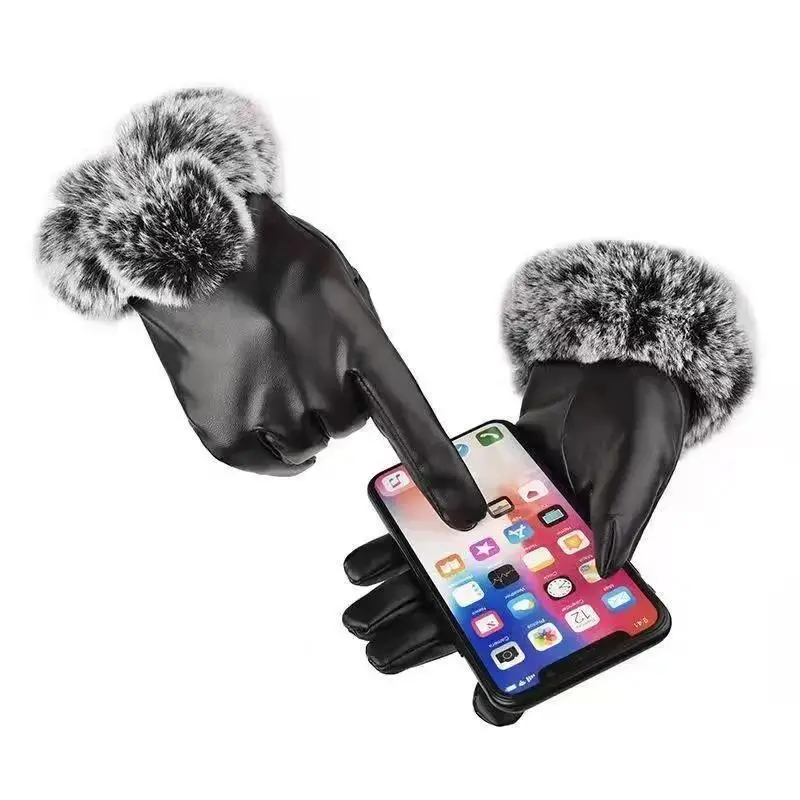 Winter Women's Rabbit Fur PU Gloves, Anti-Slip Waterproof Ski Gloves, Thick Warm Windproof Outdoor Cycling Gloves, Touch Screen Compatible