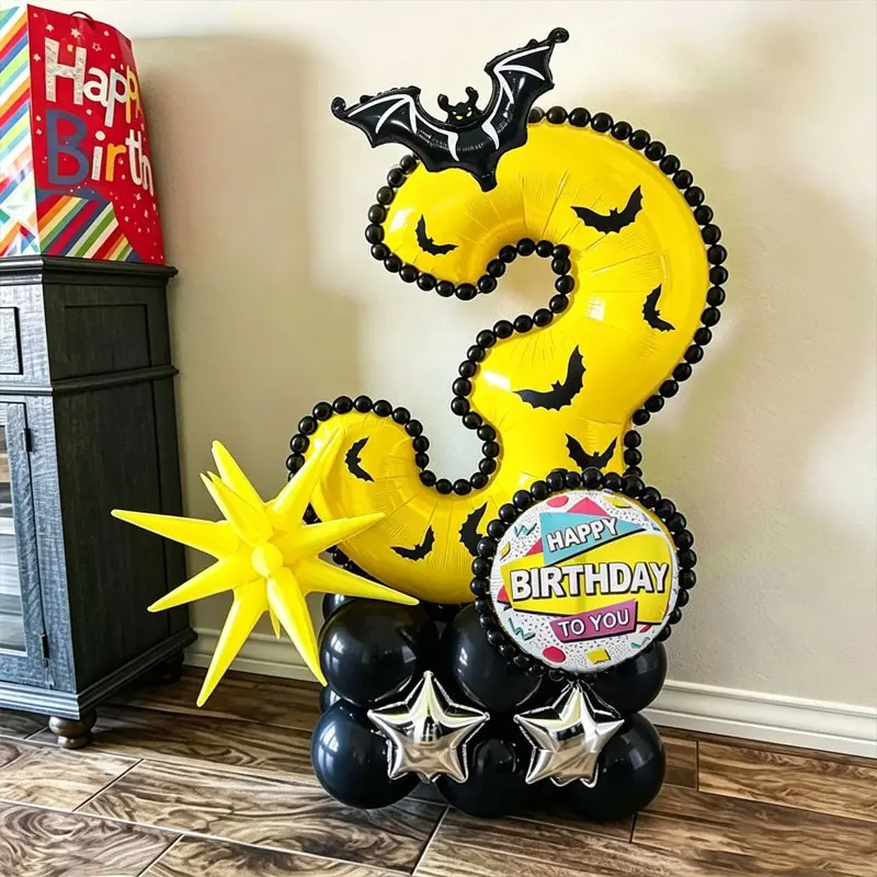 40-Piece Bat-Themed Birthday Balloon Column Set，Aluminum foil with yellow numbers，Bat、Star shaped Balloons,black latex， Suitable for Halloween birthday parties，Fun Party Decoration，Children's Room Decoration，Halloween event setup，photo shoot backdrop