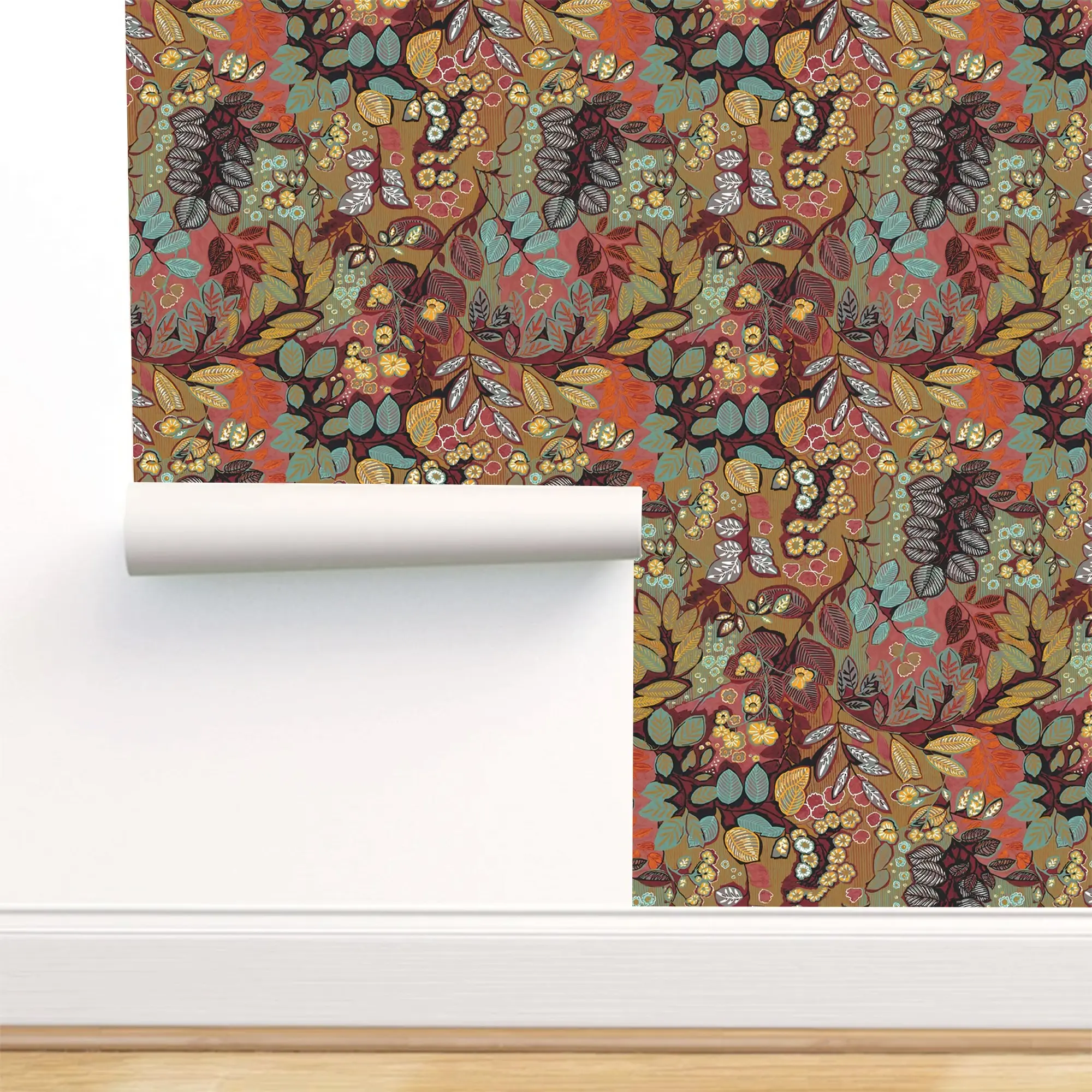 Boho Leaf Self-Adhesive Decorative Wallpaper Roll, Vintage Floral Pattern, Waterproof, Removable, Easy Install, Living Room, Bedroom, Kitchen Decor