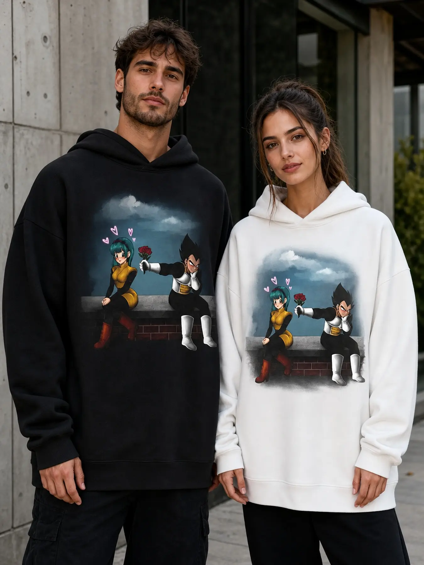 Dragon Ball Vegeta And Bulma Couple Crewneck Sweatshirt, Anime Oversized Pullover, Perfect Gift Cool Shirts, Graphic Oversized Heavyweight Fleece-Lined Sweatshirt and Hoodie for Men and Women, Workout Crewneck and Hoodie, Y2K Hoodie