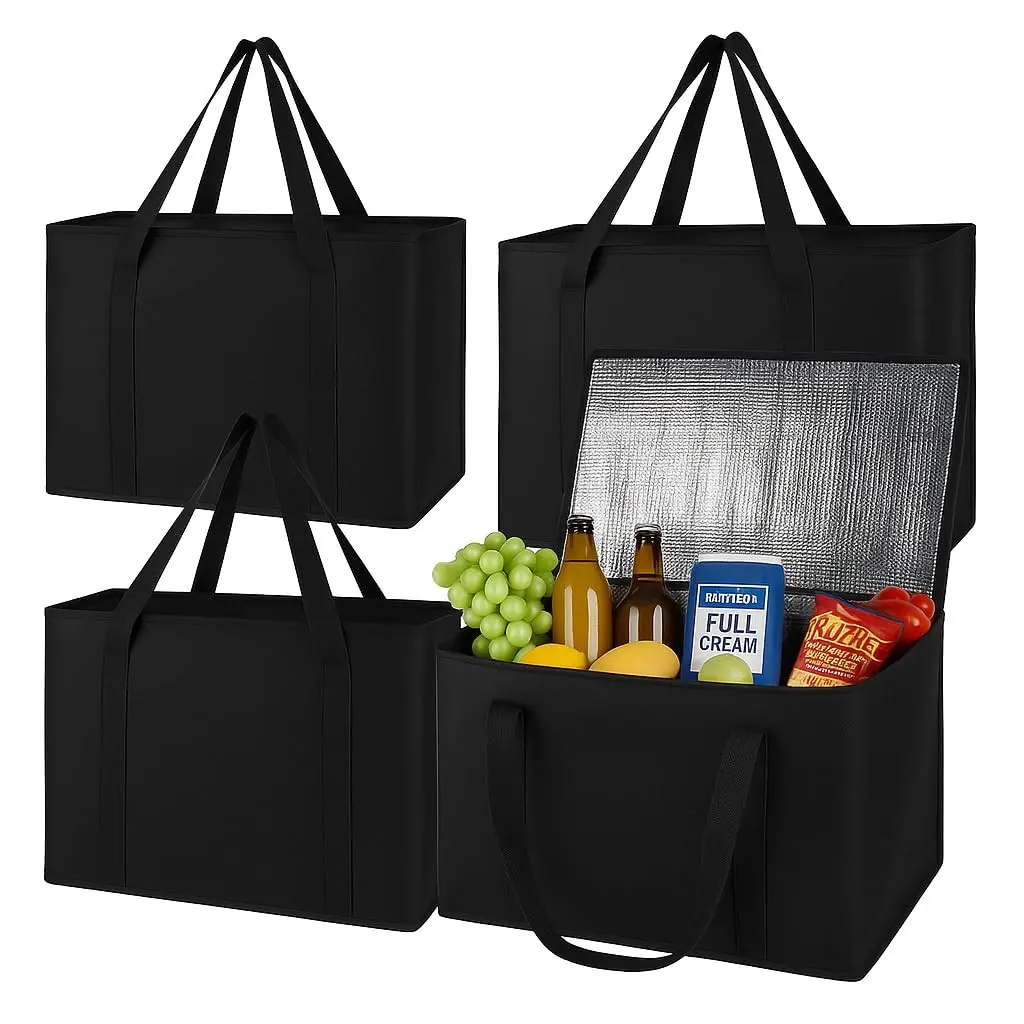 4-Pack Insulated Trunk Organizer Cooler Bags for Car, Reusable Foldable Grocery Shopping Totes with Zipper, Black, Cold Food Storage for AdultsGift
