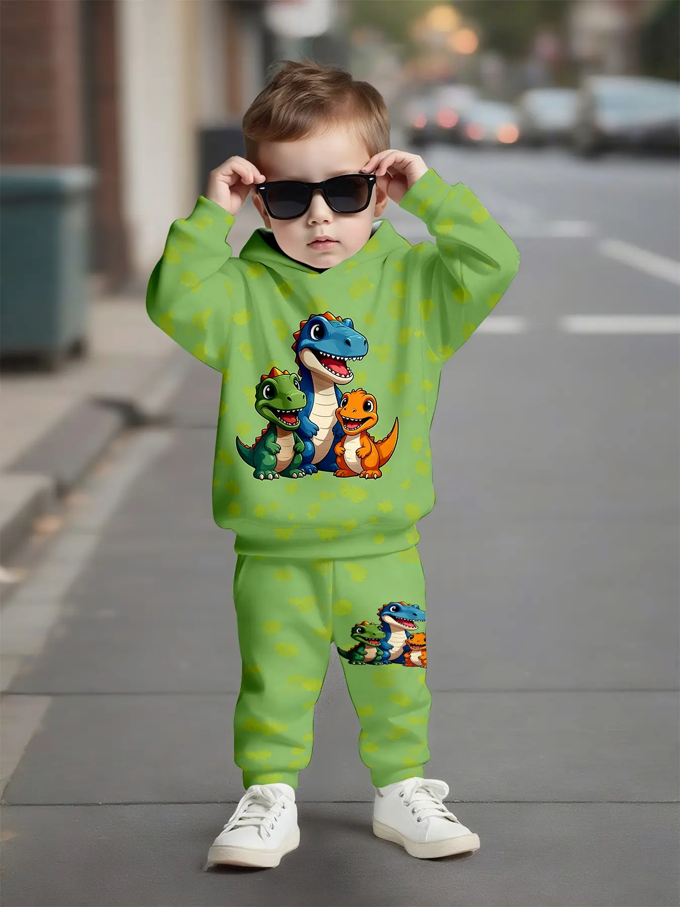 Fresh Dinosaur Claw Print Boys' Hooded Set, Fun Two-Piece, Casual Long Sleeve Sweapants, Fall & Winter Wear