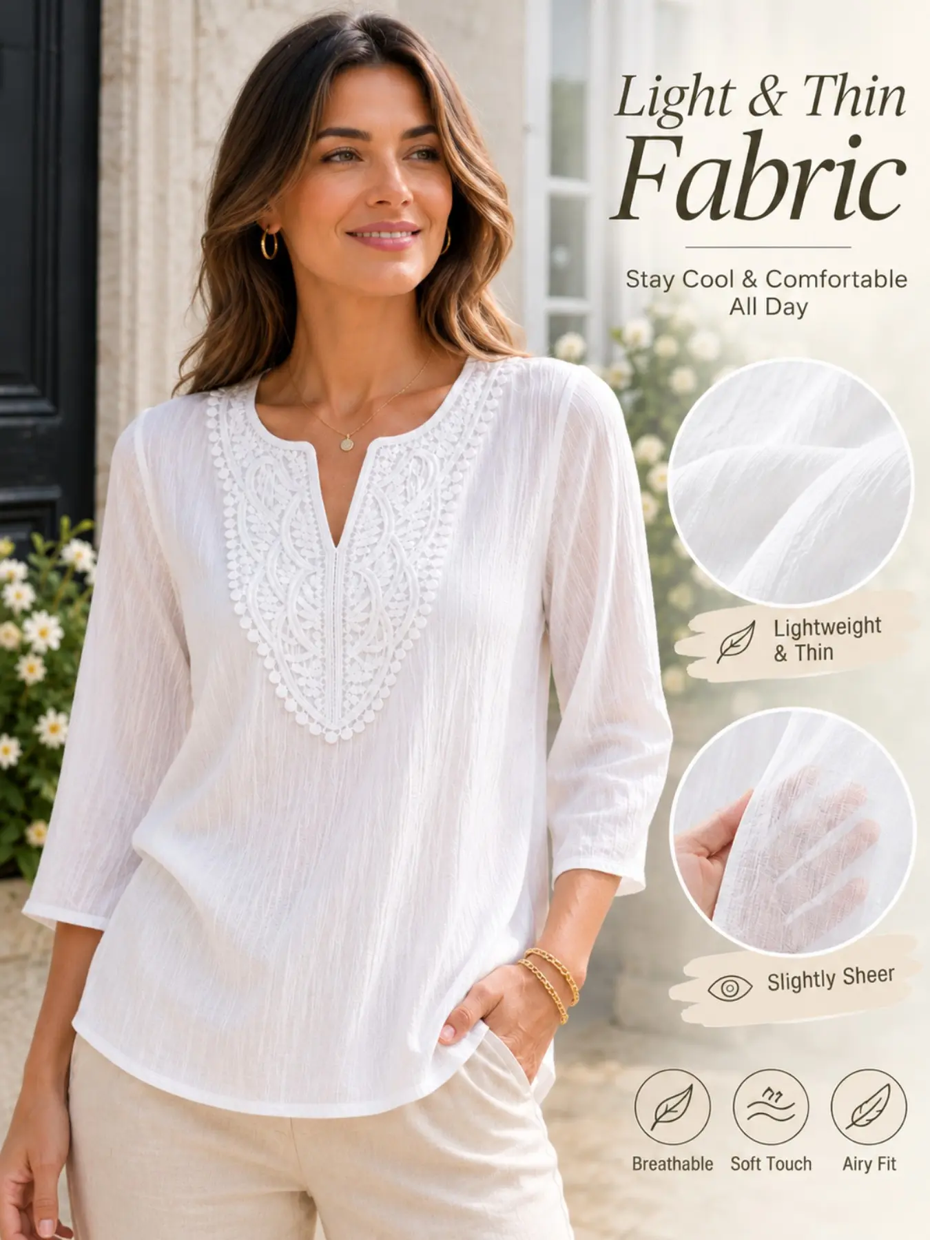 Elegant Hollow Embroidery V-Neck Shirt, Fitted Vacation Textured Top, Versatile Women's Blouse