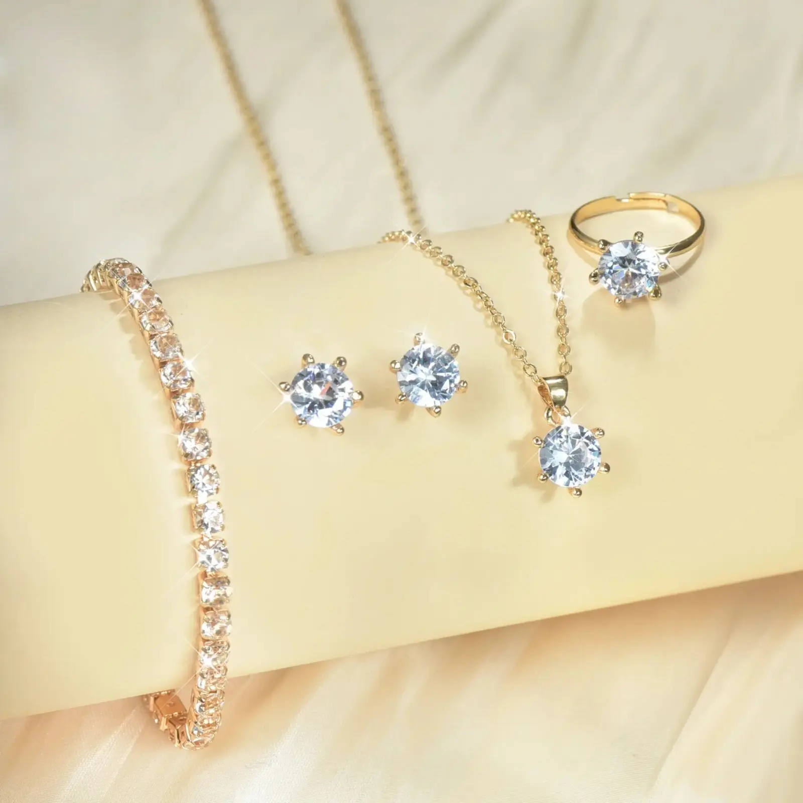 4-in-1 Gold Plated Sparkling Stone Jewelry Set for Women, Solitaire Necklace, Stud Earrings, Adjustable Ring & Tennis Bracelet, Fashion Accessories for Wedding, Party & Gifting sohochic