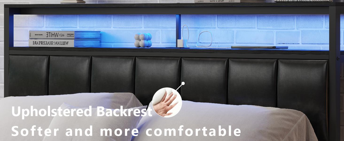 Full Size Bed Frame with Charging Station and LED Lights, Black Upholstered Headboard with 2-Tier Storage Shelves, Metal Bed Frame with Headboard, No Box Spring Needed, Easy Assembly,Black