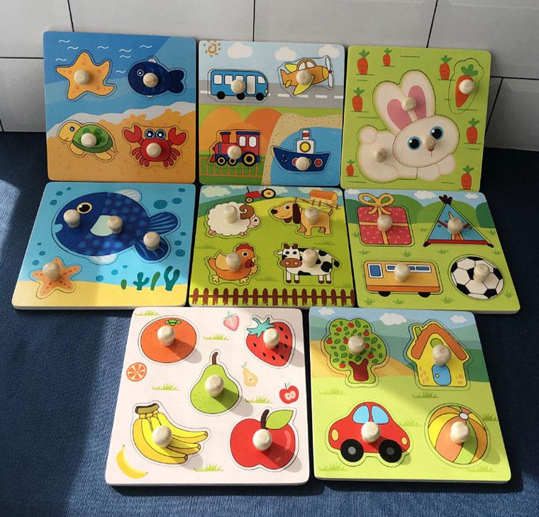 Baby Wooden Puzzles Montessori Toys 1 2 3 Years Toddler Toys Hand Grab Board Alphabet Number Cognition Learning Educational Toys
