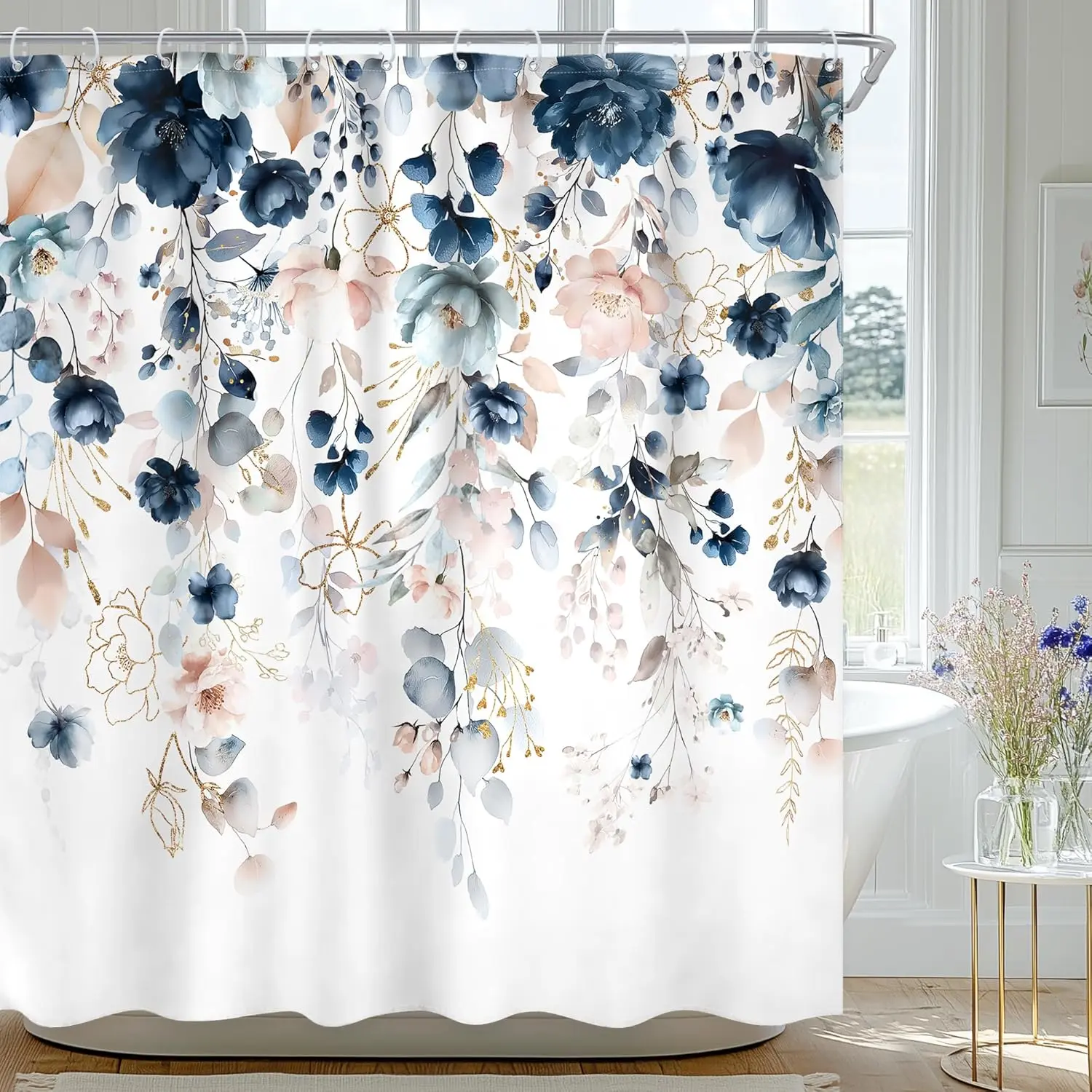 Blue Floral Flower Shower Curtain, Cute Navy Flower Shower Curtain, Pastel Watercolor Plant Eucalyptus Leaf Girly Whimsical Rustic Country, Bath Bathtub Set Accessories Home Decor