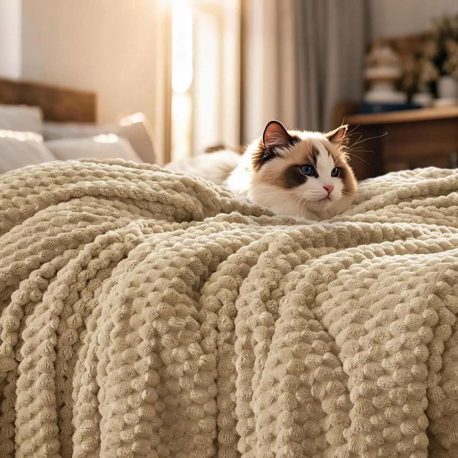 Ultra Soft Flannel Fleece Blanket Queen Size, Lightweight 3D Jacquard Fleece Blanket, No Shedding, No Pilling, Luxury 340GSM Aesthetic Fluffy Cozy for Bed Room Decor, 90"x90", Khaki