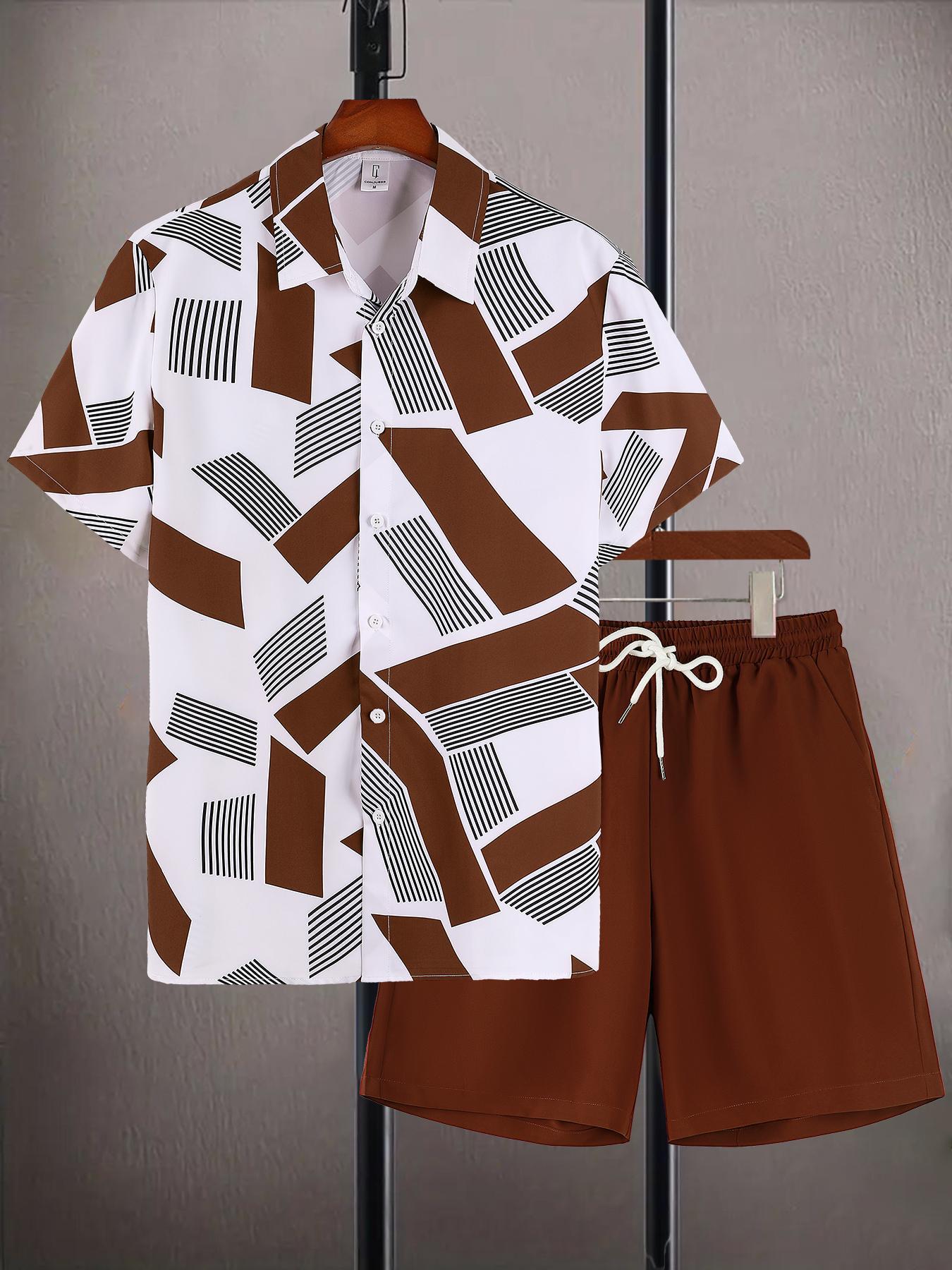 Men's Geometric Print Top & Drawstring Waist Shorts Loungewear Two-piece Set, Regular Fit Relaxed Casual Comfy Short Sleeve Top & Pocket Shorts Set, Men's Sleepwear for Summer, Pajamas