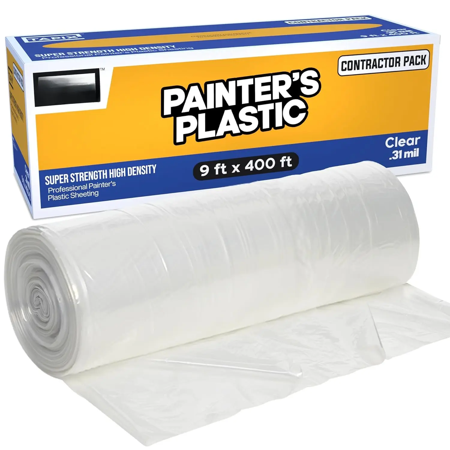Painter's Plastic Film, 400' Length x 9' Width High, High Density Painters Plastic Sheeting Roll in Box with Dispense Hole for Easy  Plastic Covering