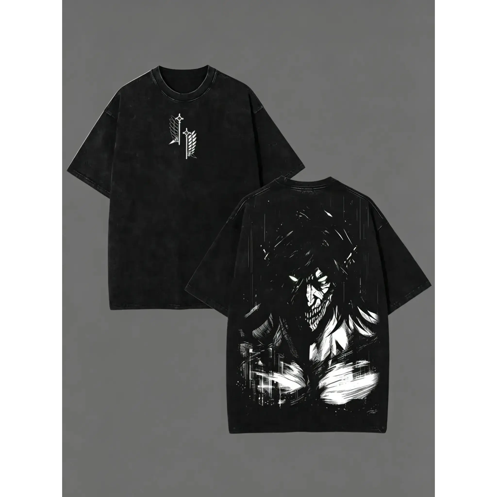 Retro Heavy Eren Yeager x Attack On Titan Ver 2 Anime Double Printed Men's Vintage Tee Washed Unisex Oversize Anime Manga Washed Heavyweight Cotton T-shirt, Anime Gift For Him Crewneck Oversized Short Sleeve Streetwear Relaxed Fit
