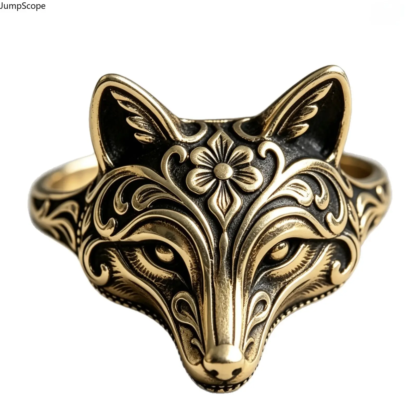 Vintage Boho Mystical Fox Head Floral Scroll Minimalist Chic MDF-Steel Statement Signet Ring, Ideal for Daily Goth Commute, Renaissance Fair Photoshoots & Unique Gifts for Wildlife Lovers, Accessories