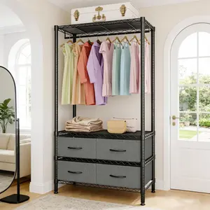Clothes Rack, Freestanding Closet Unit with Drawers and Adjustable Shelves, Heavy-Duty Garment Rack for Hanging Cloth, Portable Clothes Hanger Closet Organizers for Bedroom Dorm Apartment