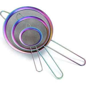 Rainbow Fine Mesh Strainer 3 Pieces Set, Colorful Flour Sifter For Baking, Stainless Steel Clander, Mutil-Color Matcha Tea Strainer, Gravy Separator, Sieve Pasta Strainers