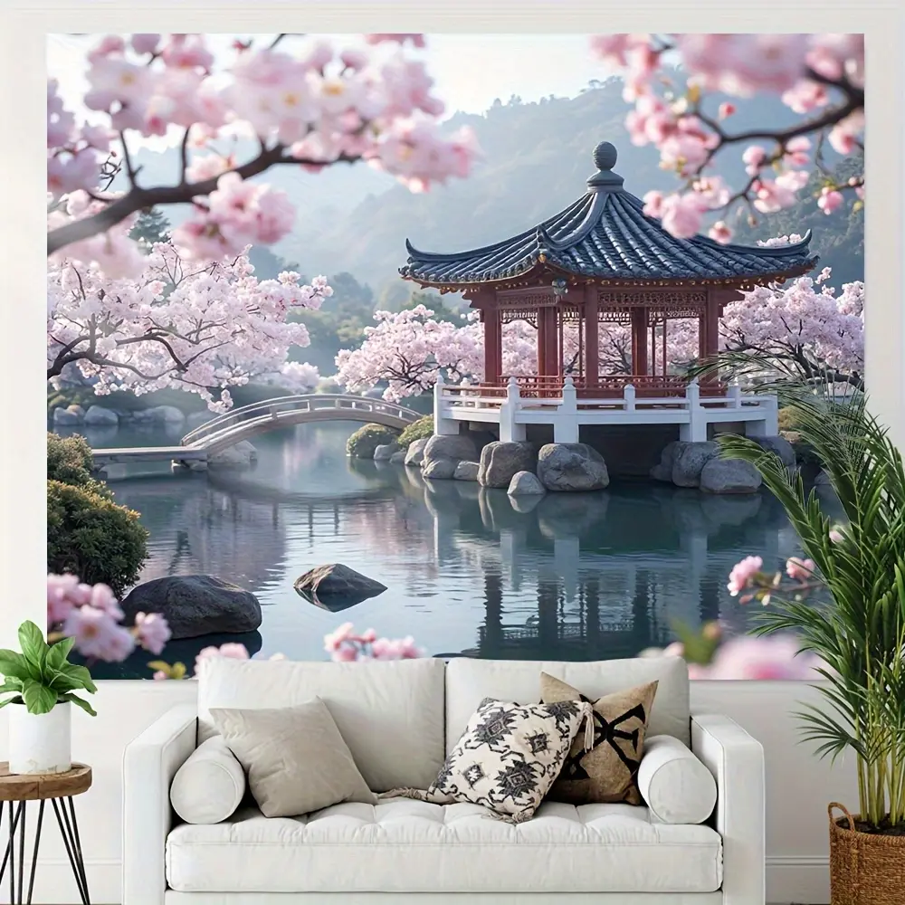 1-Piece Polyester Indoor Tapestry - Japanese Pavilion & Cherry Blossom Backdrop, Pink Background with Red Roof, No Electricity Needed, Easy-to-Hang Soft Home Decor for Living Room, Traditional Sino-Japanese Banner, Indoors