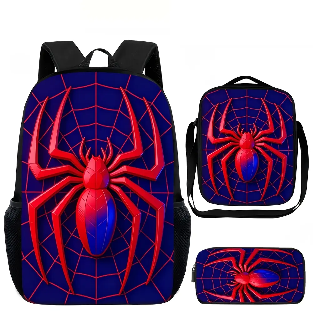Geometric Red Spider 3 Piece Backpack Set for Kids and Teens, Web Graphic School Bookbag with Matching Lunch Bag and Pencil Case, Navy Comic Travel Daypack Gift, Back to School Spider Fan Gift