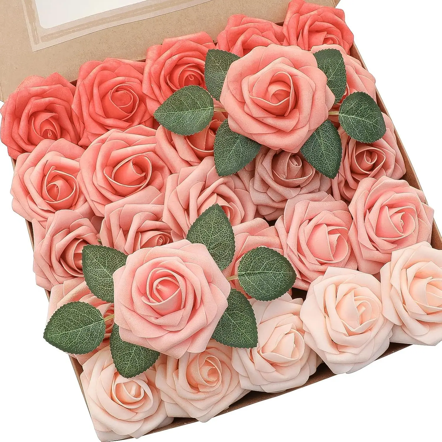 50pcs Coral Ombre Artificial Roses with Stems - Plastic Foam Flowers for DIY Wedding Bouquets, Bridal Showers, Floral Arrangements, Party Table Decorations, Thanksgiving Centerpieces - No Battery Required