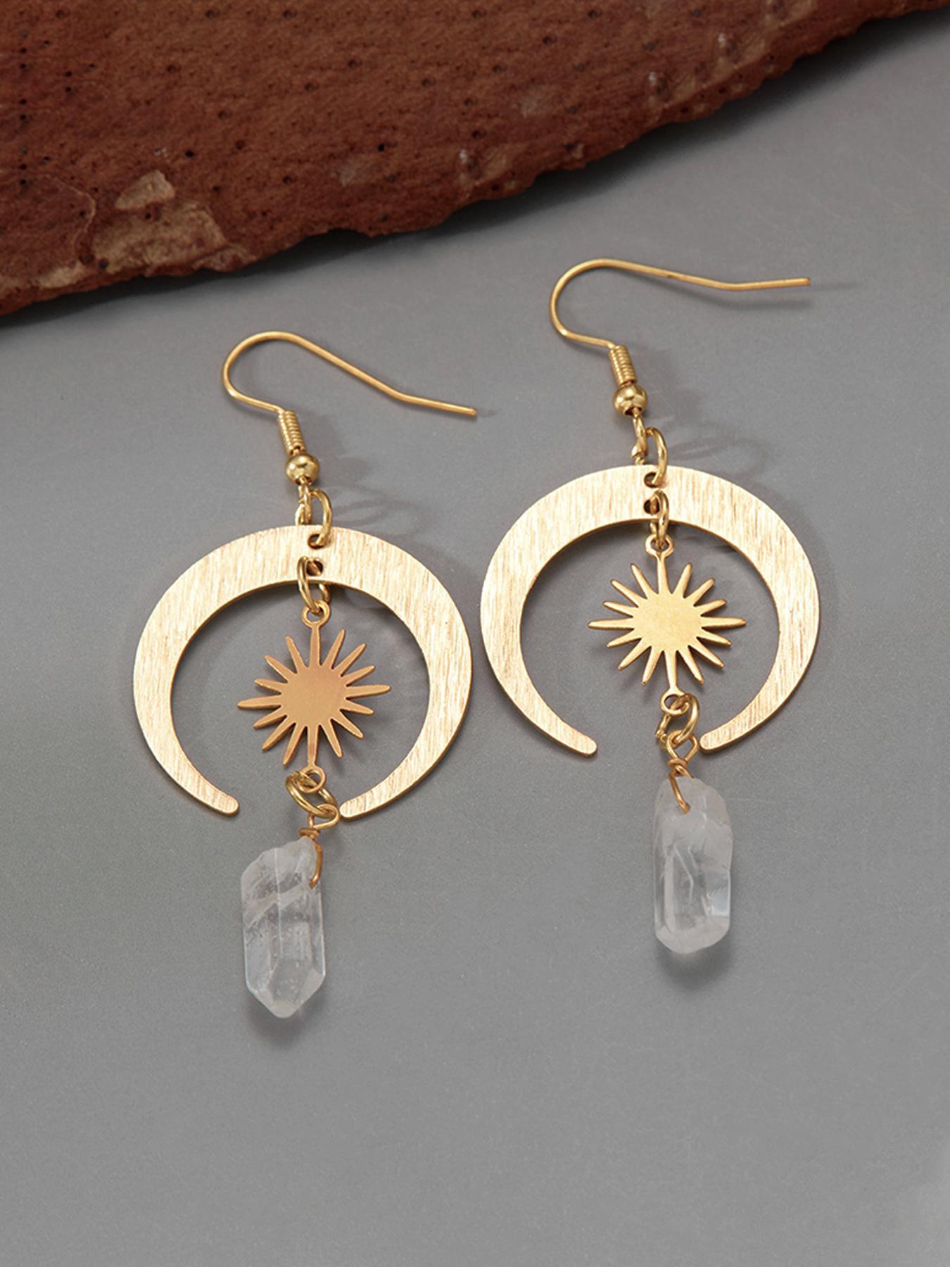 Boho Style Sun & Moon Design Dangle Earrings, Vintage Clear Stone Decor Dangle Earrings, Fashion Jewelry Accessories for Women, Trendy Jewellery Accessories