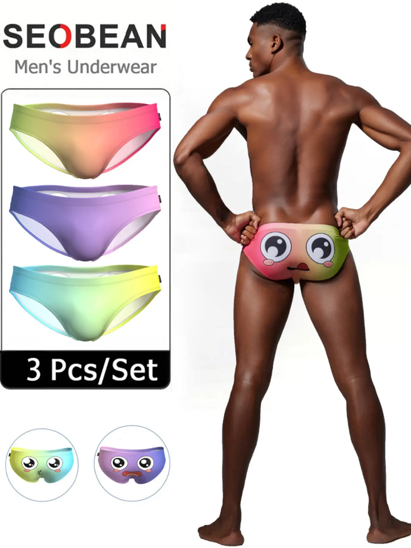 3-Pack Men's Triangle Underwear, Sexy Low-Waist Bikini Style, Cartoon Design, Youthful & Cute, Student Bottoms, Back Big Eyes Feature