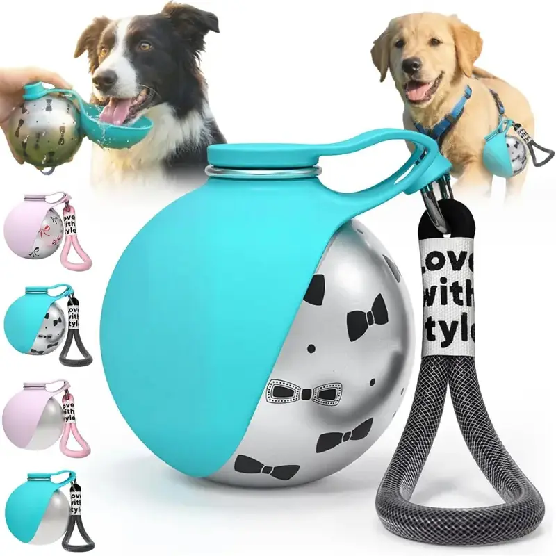 Pet Water Bottle with Food-grade Silicon Foldable Bowl 304 Stainless Steel Spherical Dog Hydration Round Bottle Travel Dogs/Cats Water Dispenser Puppy Water Feeding Sphere Bottle for Walk Hiking Stylish Addorable Design Cute 285ml#SummerVibes