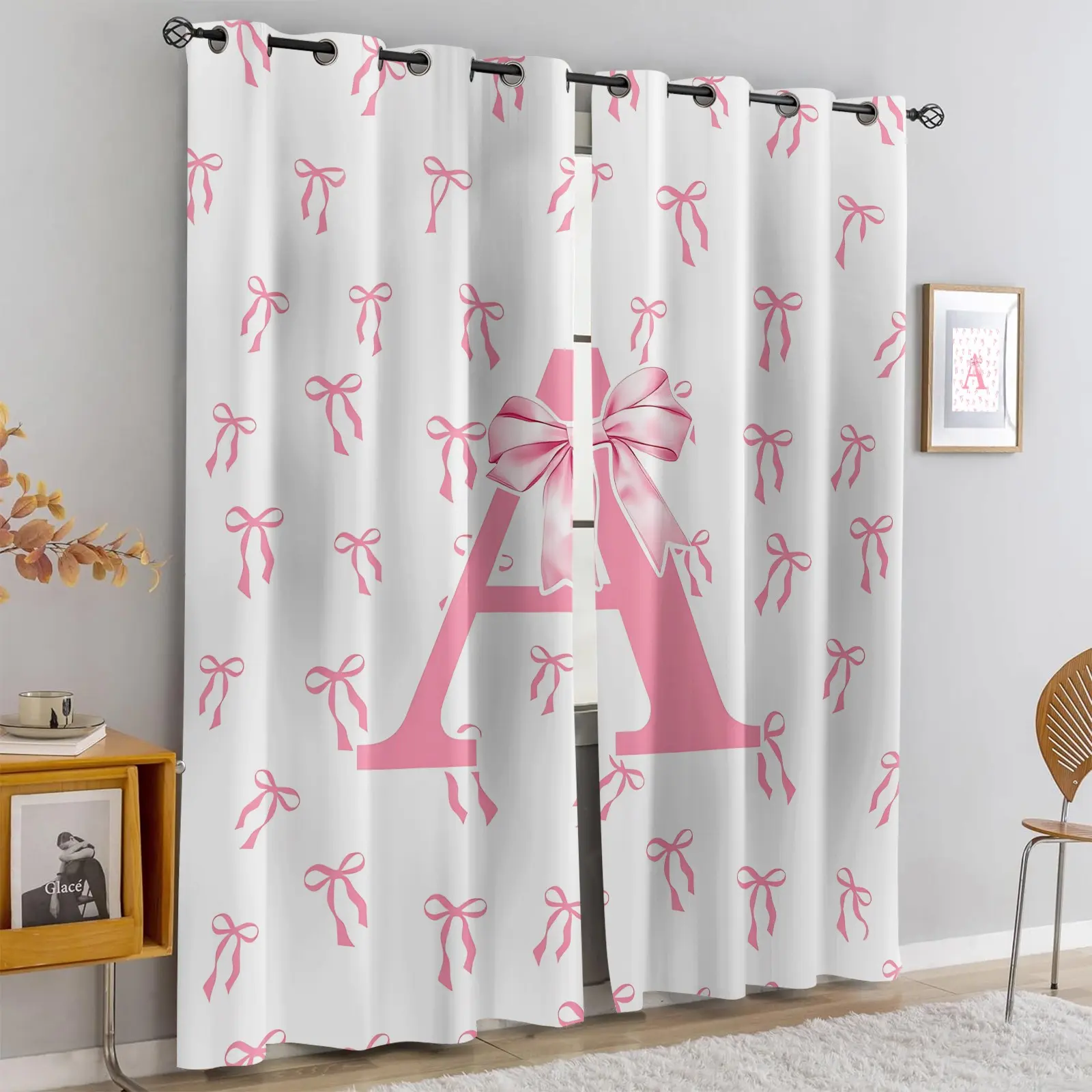2 Panels Pink Bow Monogram Initial Letter A-Z Curtains, Cute Bow Coquette Printed Decoration Curtains, Aesthetic Preppy Style Window Treatments for Bedroom, Living Room, Nursery, Girls Room, Home Decor,All Seasons