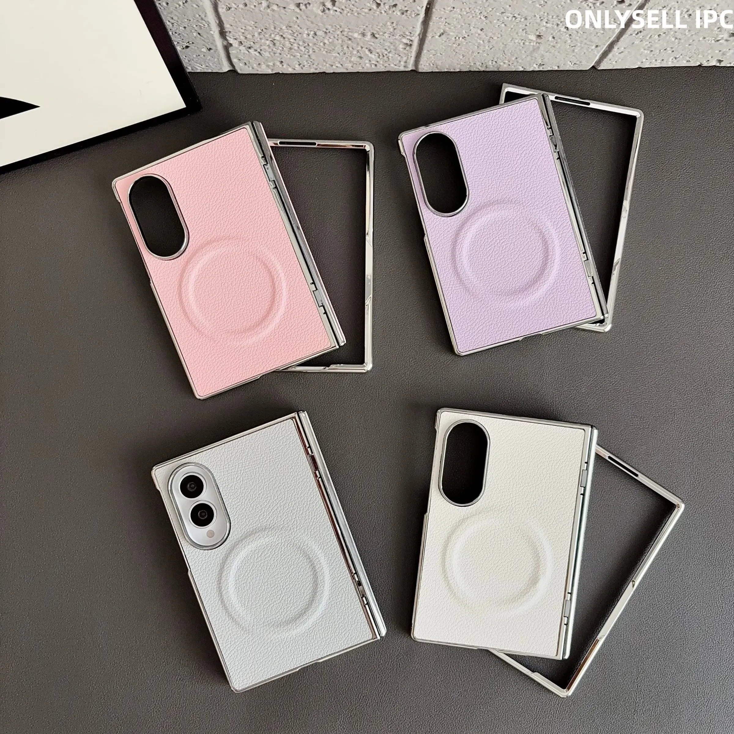 Litchi Texture Magnetic Phone Case for Samsung Galaxy Z Fold 8, Electroplated Metal Frame, Full Coverage Hinge, Wireless Charging