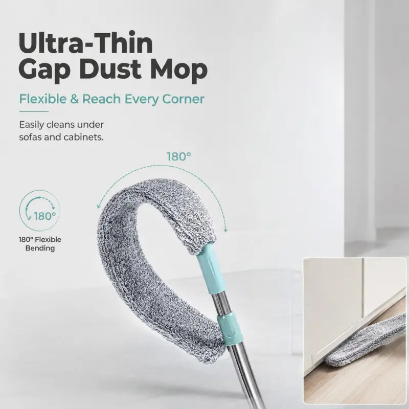Ultra-Thin Gap Dust Mop, 180 Flexible Bending, Extendable Handle, Microfiber Head, Reaches Under Sofas & Cabinets, for Effortless Deep Cleaning at Home