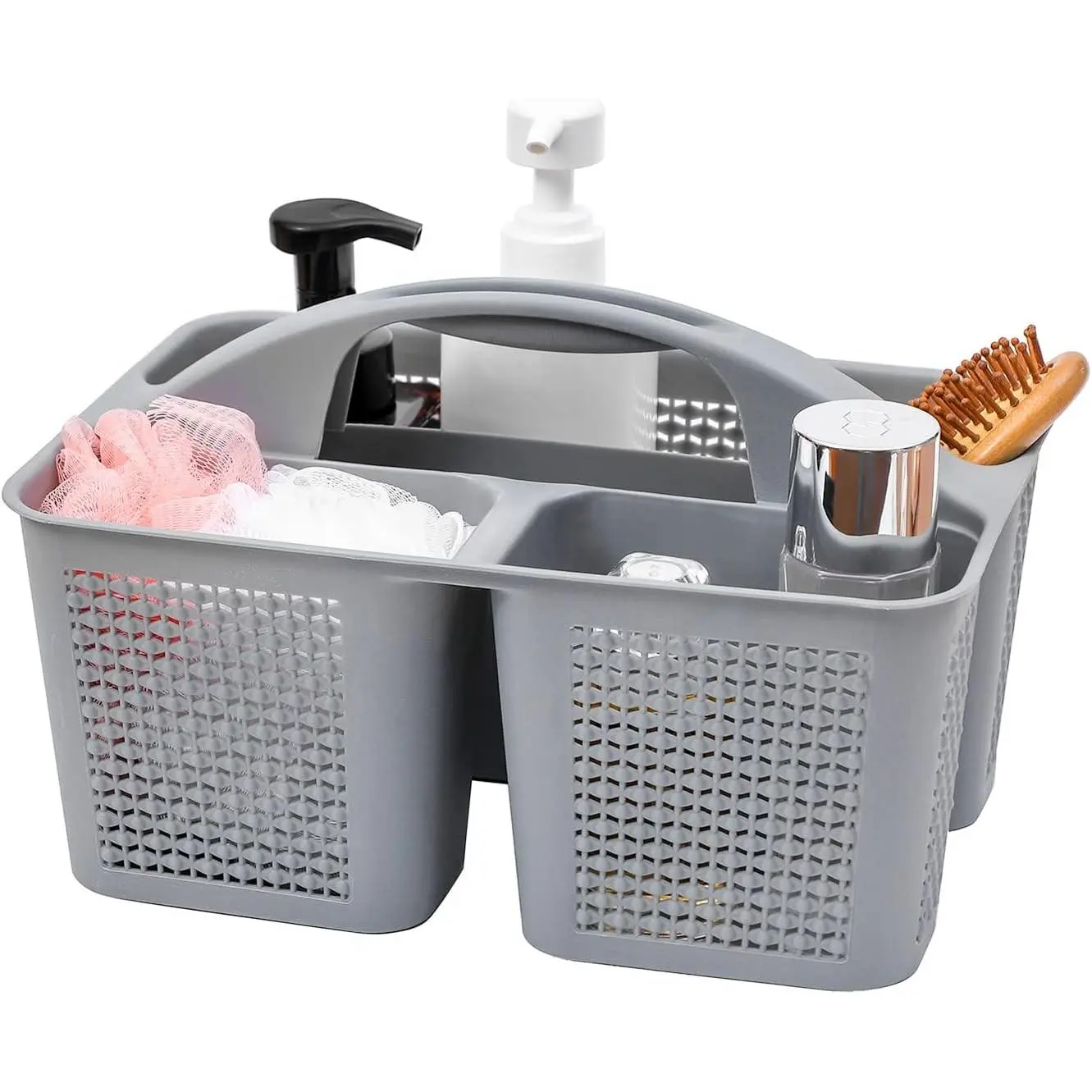 Plastic Portable Shower Caddy Basket with Handle, 3 Compartments, Grey | Storage Organizer with Drain Holes, Sturdy and Durable For Bathroom, Kitchen, College Dorm, Sink, Camping