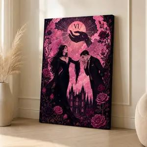 Gothic Romantic Couple Wall Art, Tarot Inspired Fantasy Canvas Poster, Pink Floral Castle Love Scene Print, Dark Aesthetic Bedroom Living Room Decor, Unframed Canvas Poster or Framed Canvas Wrap