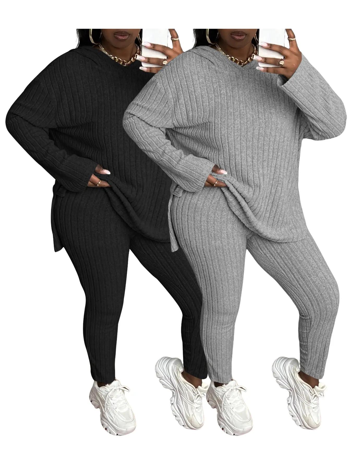 [Plus Size] Women's Two-Piece Set Solid Textured Ribbed Drop Shoulder Long Sleeve Hoodie & Elastic Waist Pants, Casual Fashion Cozy Ribbed Outfits for Daily Outdoor Wear, Ladies Clothing for Fall & Winter