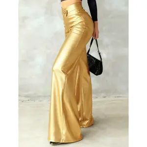 Women'S Metallic Golden High-Waisted Flared Trousers - Draped Wide Leg Pants with Sheen End for Office Commute, Daily Wear, Date Night - Retro Glam Chic Style