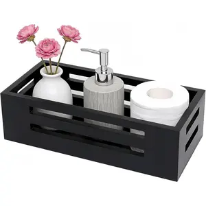 Black Bathroom Basket Wooden Toilet Tank Paper Basket with Handles-Black Decor Box-Home&Bathroom Storage Organizer