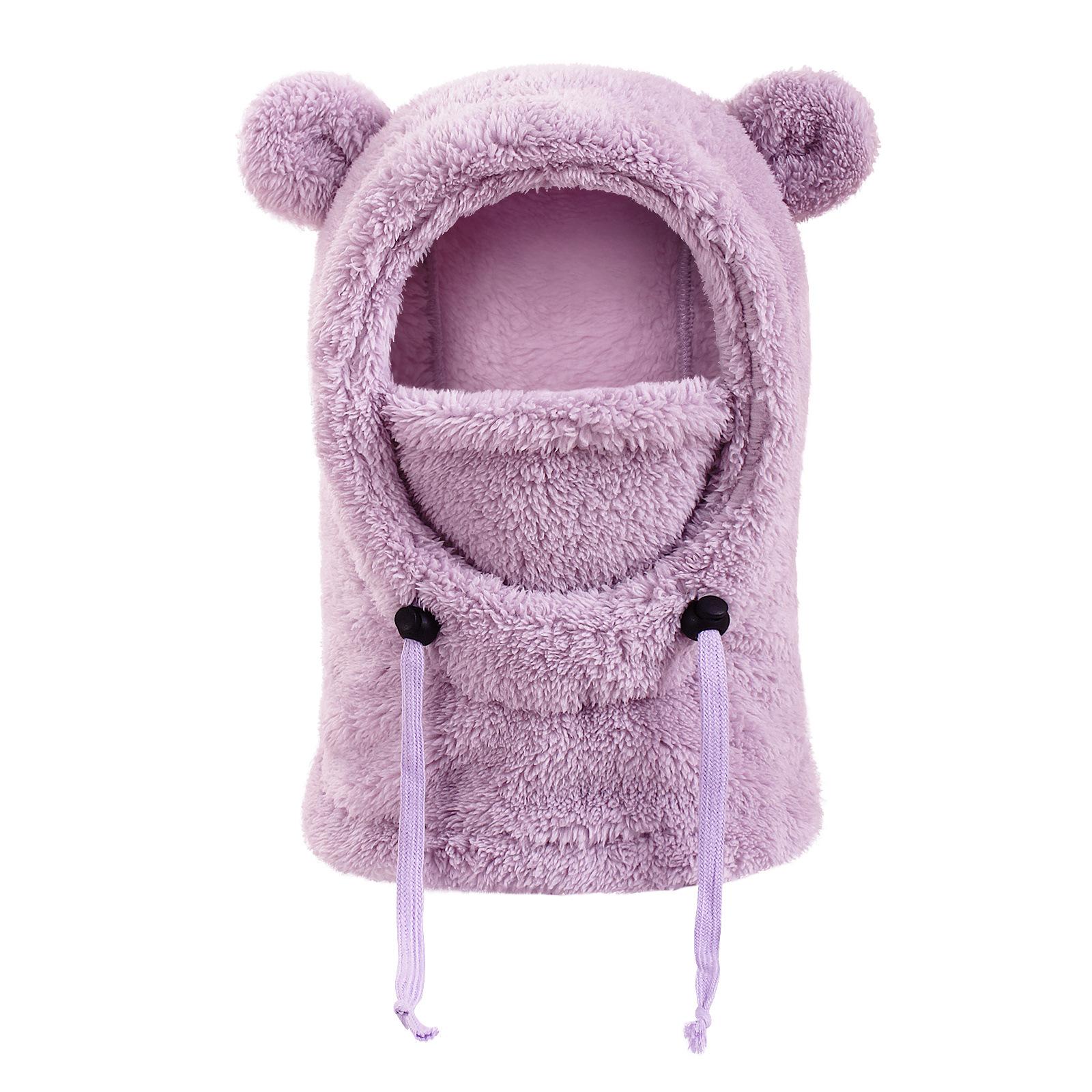 Autumn/Winter Kids Hooded Hat with Cute Bear Ears, Fleece-Lined Scarf and Mask, Unisex Children Outdoor Windproof Animal Headwear, Hooded Bonnet
