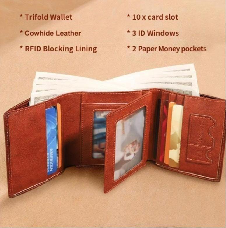 Premium Men’s Trifold Wallet - RFID Blocking Genuine Cowhide Leather, Dual ID Windows for Daily & Business Use