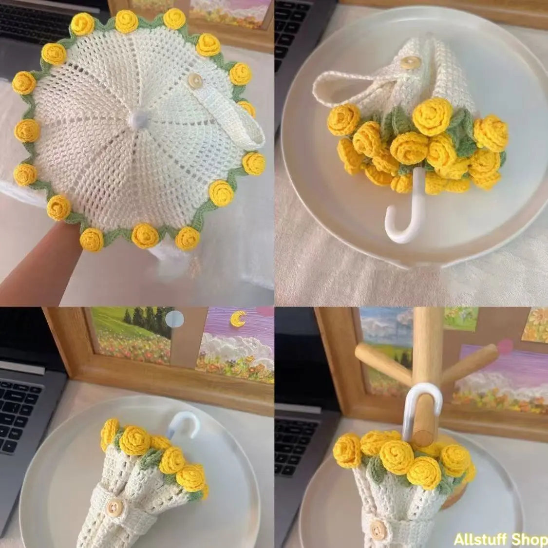 DIY Floral-Romantic Bag Accessory Wool Hand-Woven Crochet Sunflower Rose Bouquet Mini Umbrella Kit, No, Graduation Gift Decor for Friends, Crochet Craft Kit, Floral Diy Bag Accessories, Crochet Kit