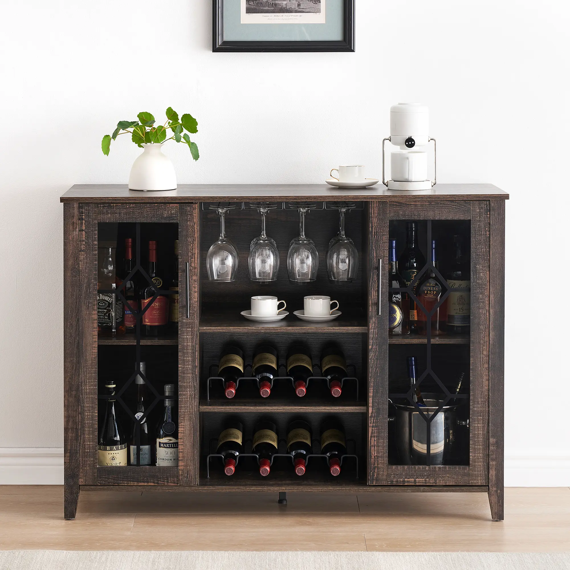 Rustic Dark Brown Multi-Functional LED Bar Cabinet - Indoor Home Furniture with Wine Rack, Glass Holder, Doors, Storage Sideboard