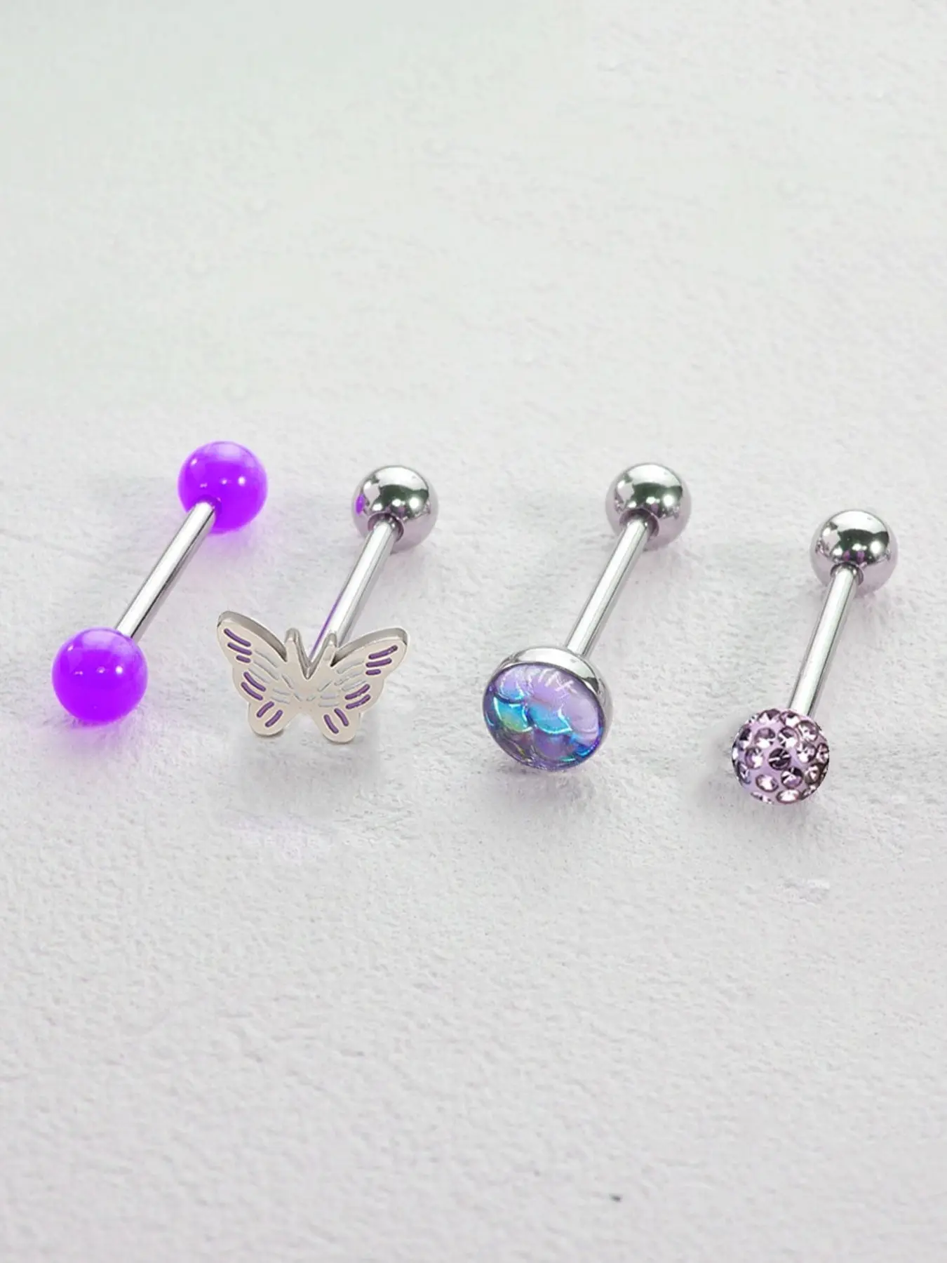 4Pcs Unique Stylish Tongue Ring Combo Set, Cute Round Ball Heart Butterfly Shape 14G Tongue Piercing Studs, Trendy Body Piercing Jewelry