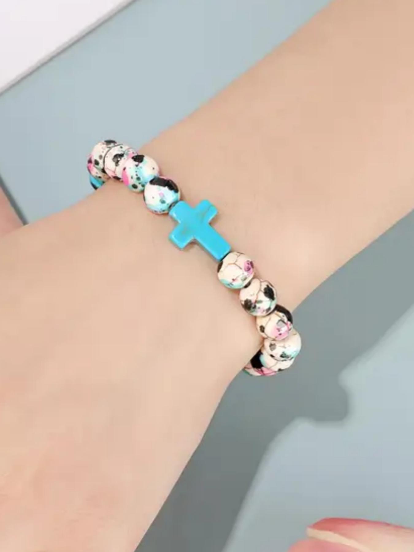 Boho Style Cross Charm Beaded Bracelet, Fashionable Elastic Beaded Bracelet for Women & Girls, Trendy All-match & Exquisite for Birthday Gift, Bohemian Bracelets, Cross Charm Bangle