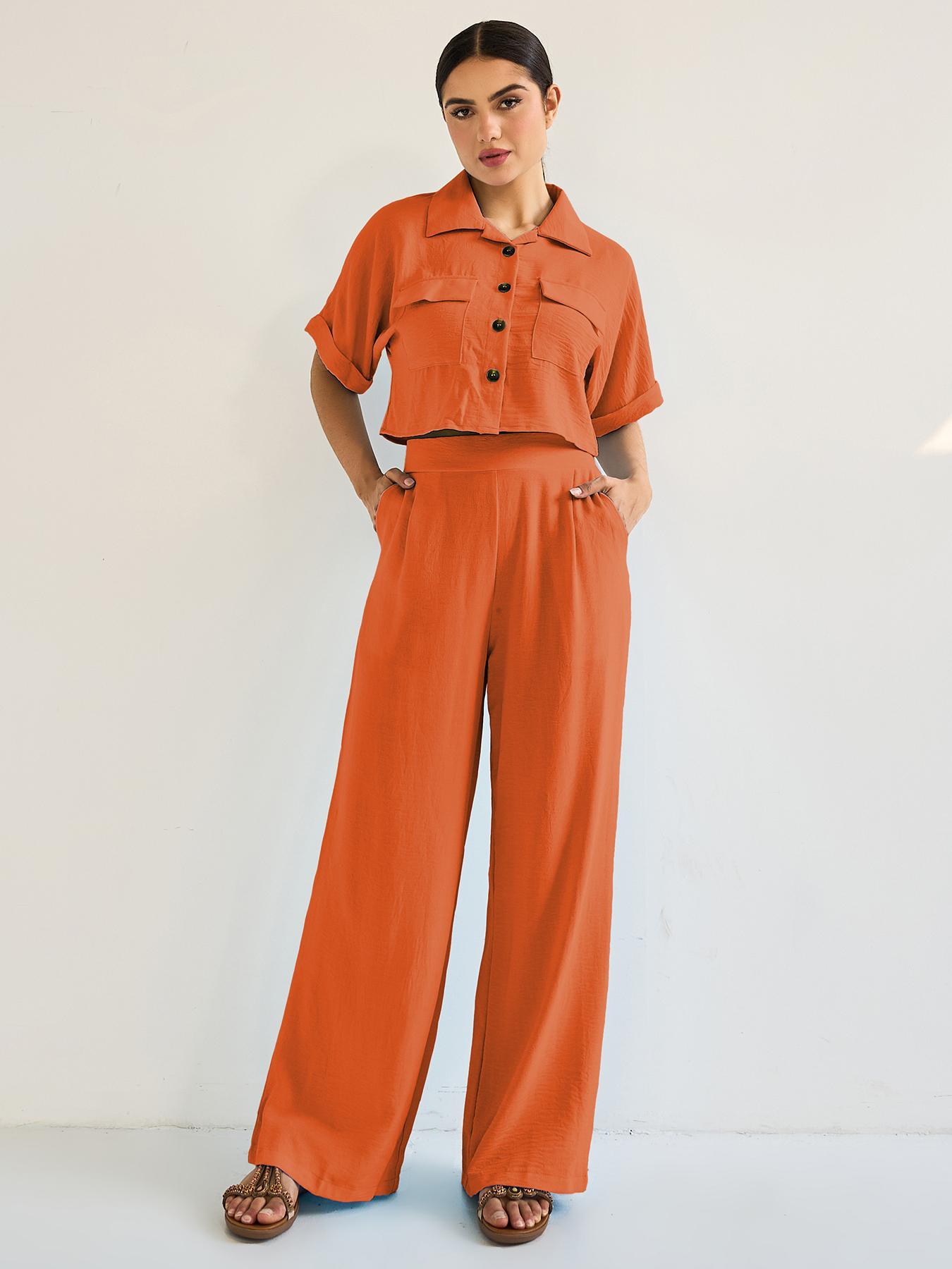 Women's Casual Loose-Fit Crop Top Set, Summer Woven Fabric, Moderate Thickness, Comfortable Fit, Perfect for Daily Wear, Casual Outfits Women