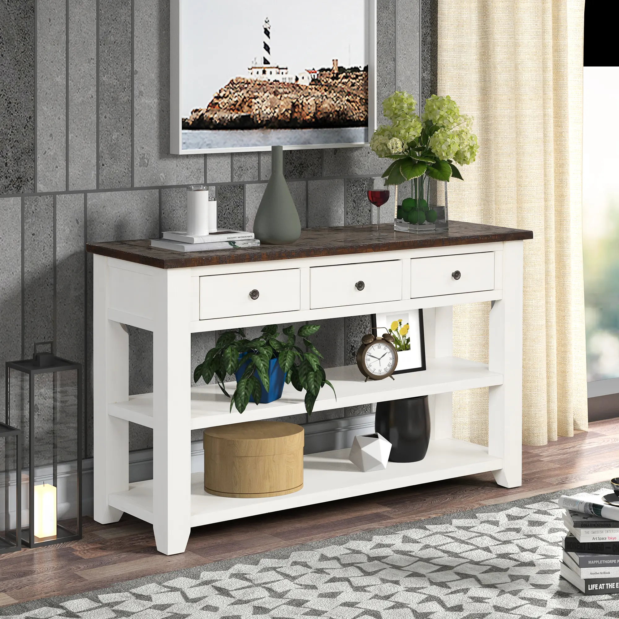 48.8" Vintage Console Table with 3 Drawers and 2 Shelves, Antique White/Brown, YATU Living