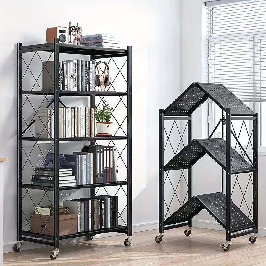 3/4/5-Tier Unassembled Storage Rack, Equipped with Wheeled Multi-Layer Storage Shelves, Portable Floor-Standing Versatile Miscellaneous Storage Rack, Foldable Magazine Rack, Storage Accessories, Utility Racks
