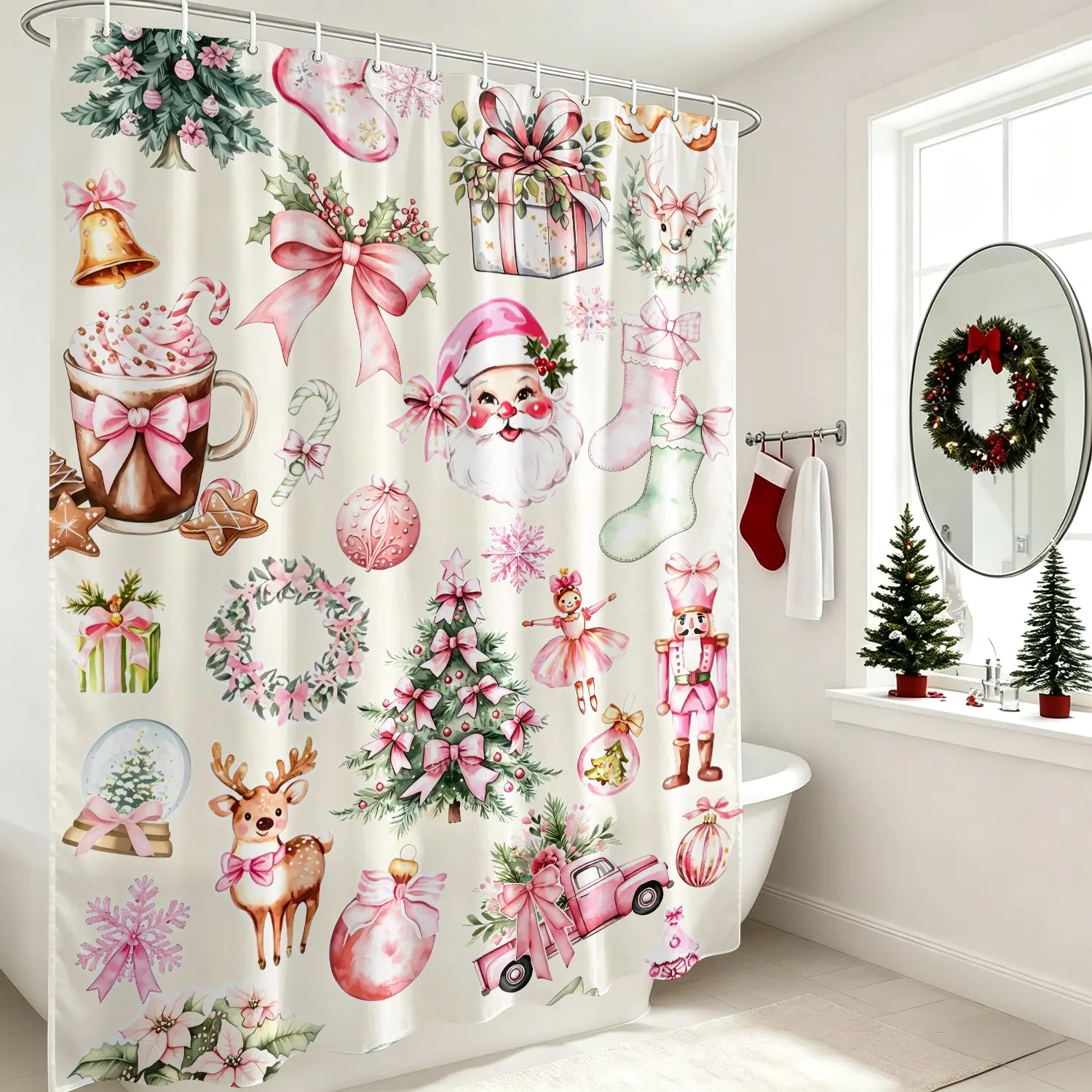 Pink Watercolor Christmas Shower Curtain, Coquette Santa Claus Nutcracker Ballerina Reindeer Xmas Tree Pink Truck Fabric Shower Curtain, Waterproof Polyester Machine Washable Holiday Bathroom Decor with 12 Hooks, 72x72 Inch