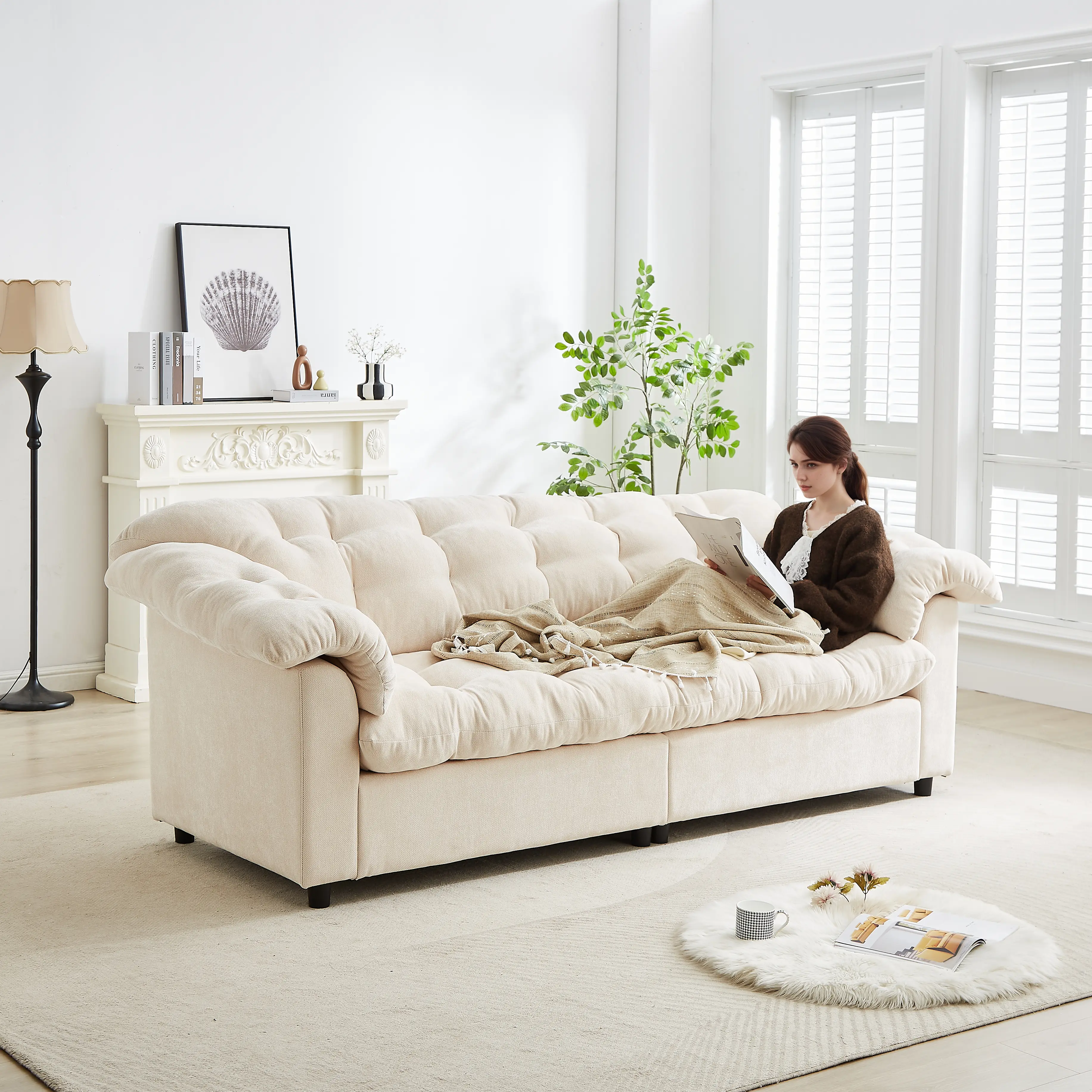 Nokaa 94.8" Beige Chenille Cloud Sofa, Modern Fluffy Upholstered Deep Seat Couch for Living Room Bedroom Apartment Office