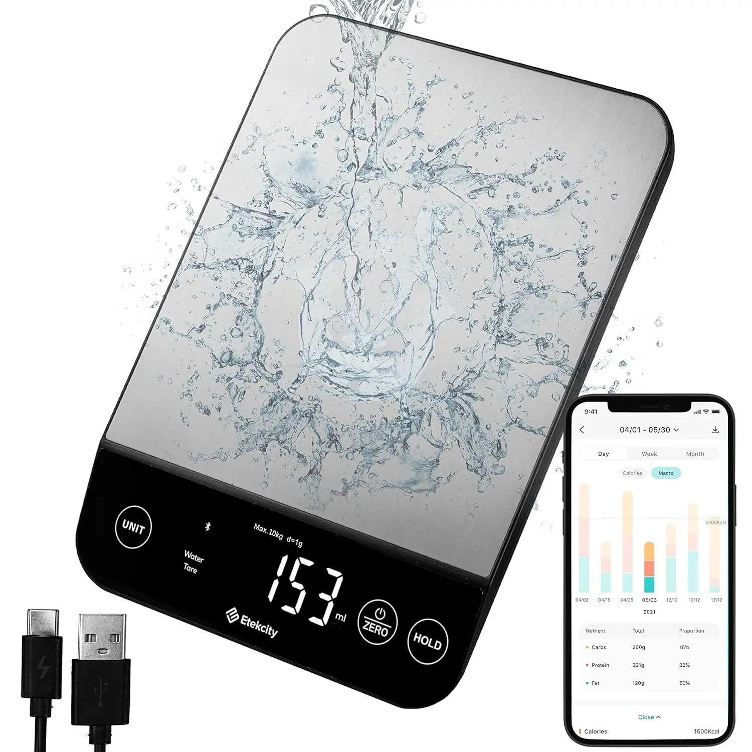 22lb Steel Food Scale with USB Cable, Bluetooth Sync, Food Nutrition & Calorie Calculator, Waterproof Industrial Hand Tool Scale