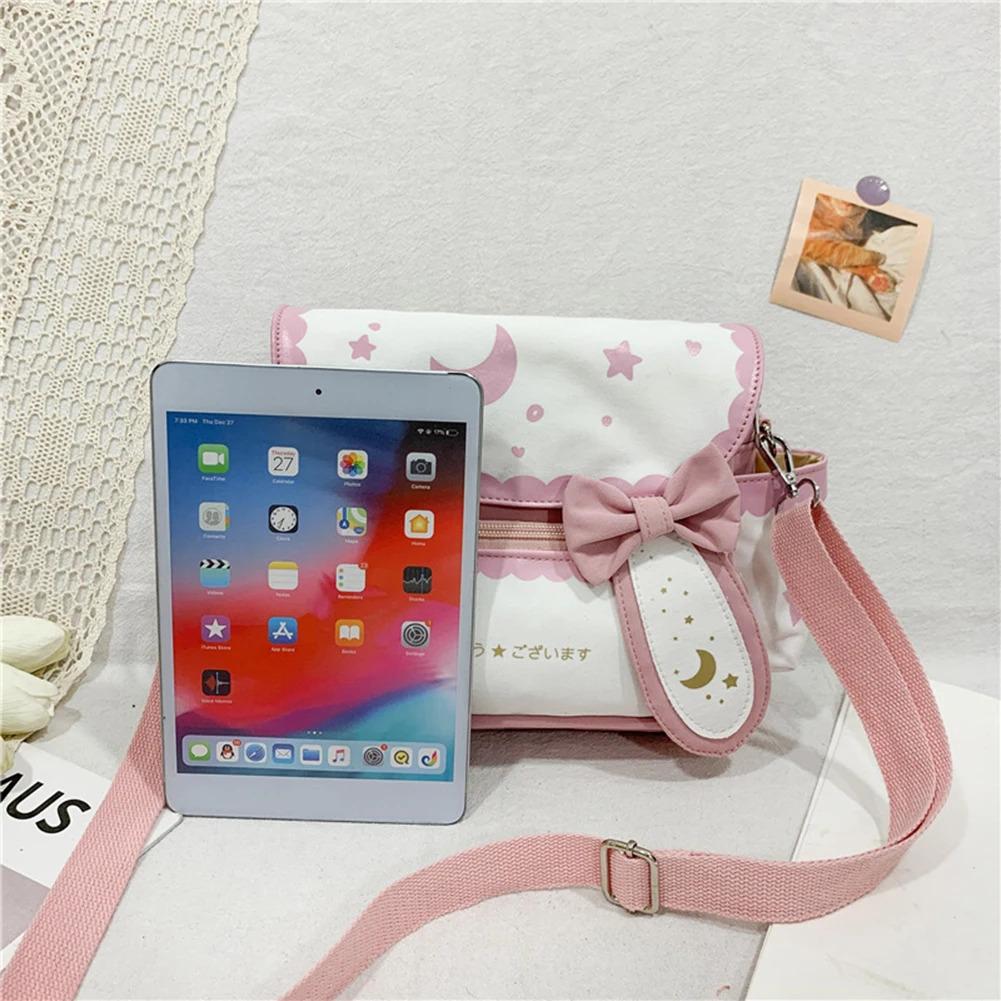 Y2K Cute Girl Lolita Bow Rabbit Shoulder Bag Women Star Moon Canvas Crossbody Bags Korean Kawaii Satchel Bag Sweet Messenger Bag